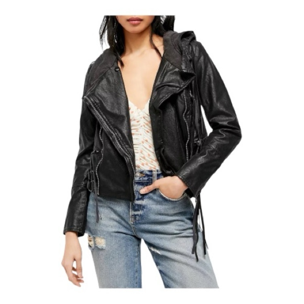 Free People Cleo Hooded Vegan Leather Moto Jacket